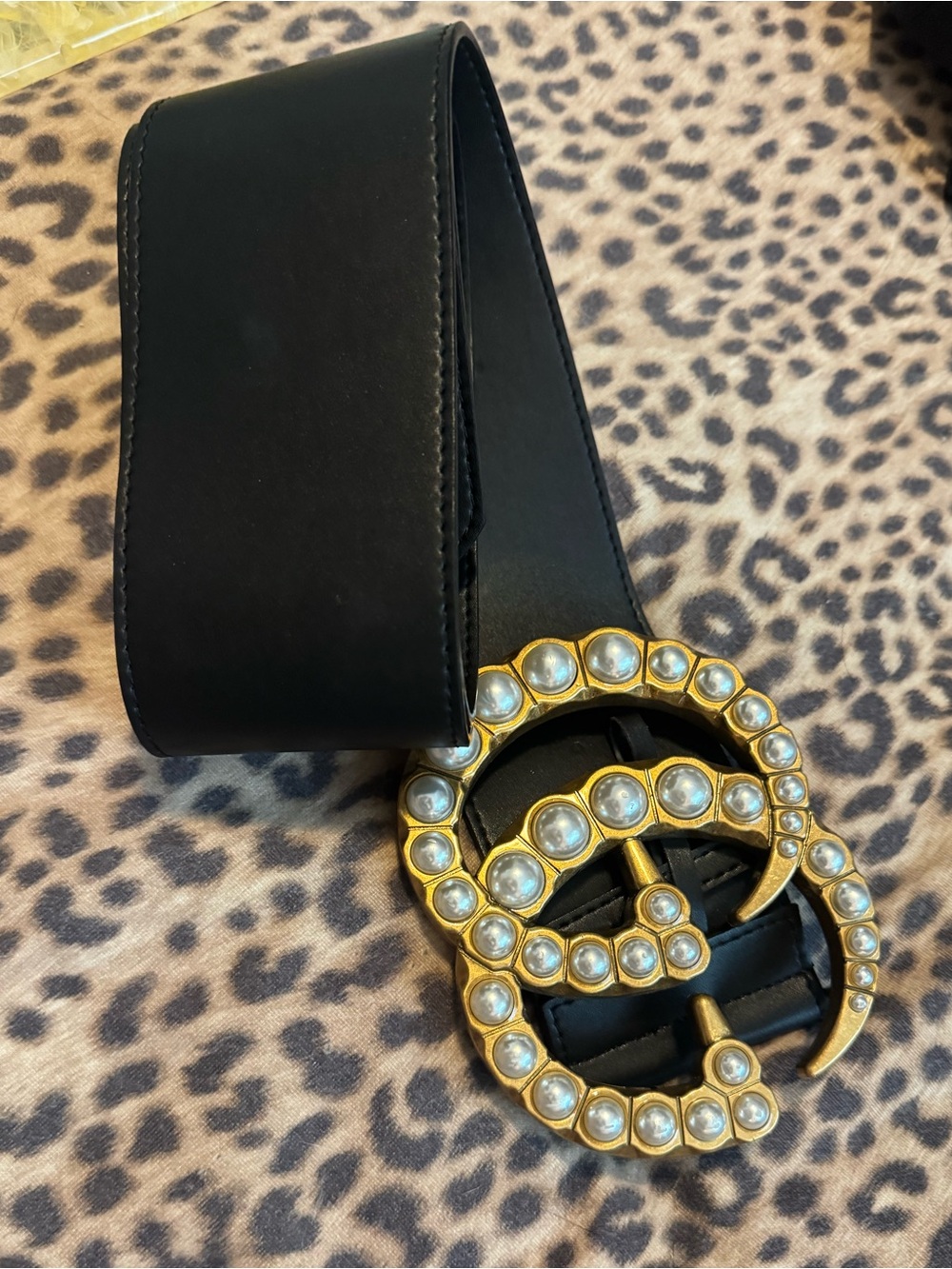 Gucci Black Leather Belt with Gold Pearl-Studded Double G Buckle